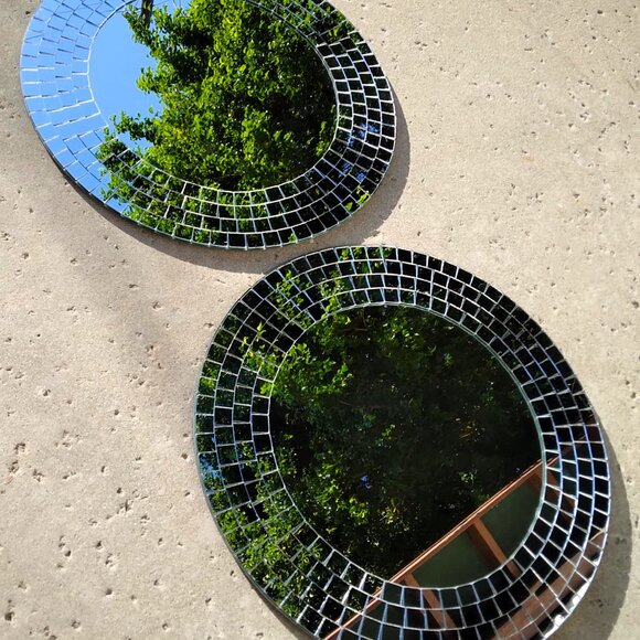 A Fabulous Pair (2) of Vintage Pop art Ikea Tranby Round Mosaic Wall Mirrors - Picture 3 of 9